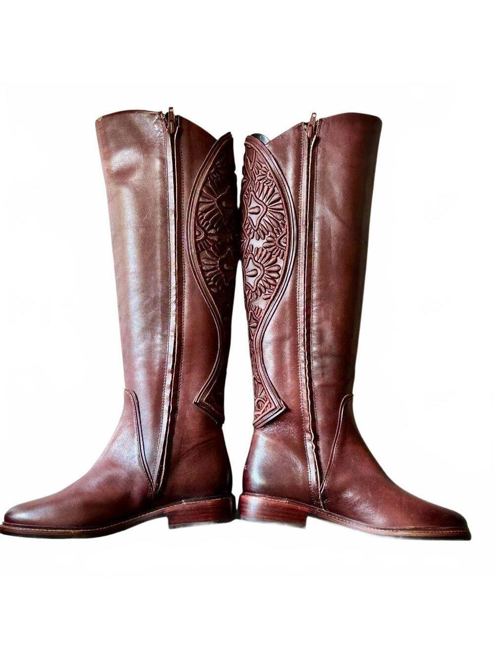 Gianni Bini Riding Boot Cognac Brown Leather Knee Riding Embroidered Scroll 5.5